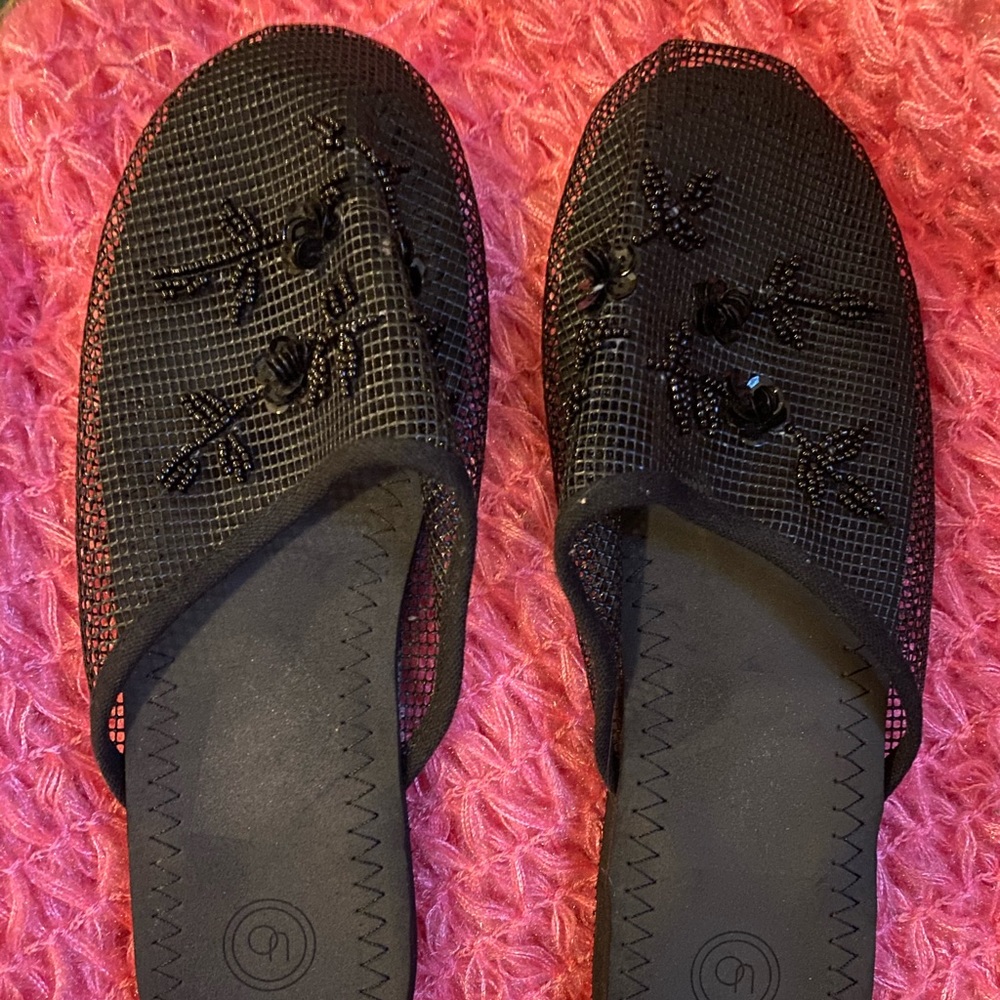 Black sequin slippers